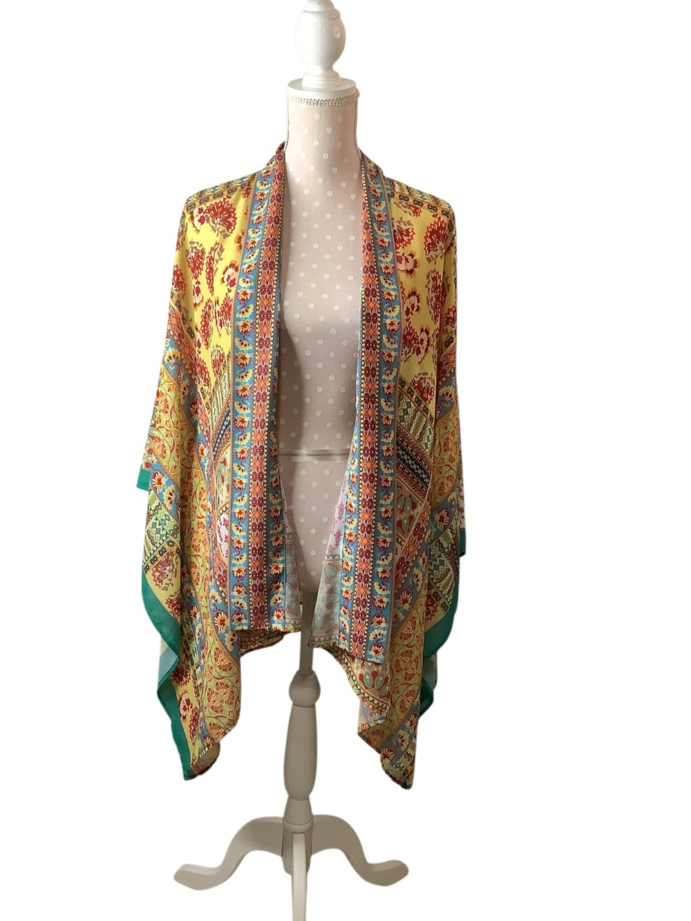 Umgee Multicolor Floral Paisley Print Kimono in Turquoise, Coral & Yellow Sz S/M